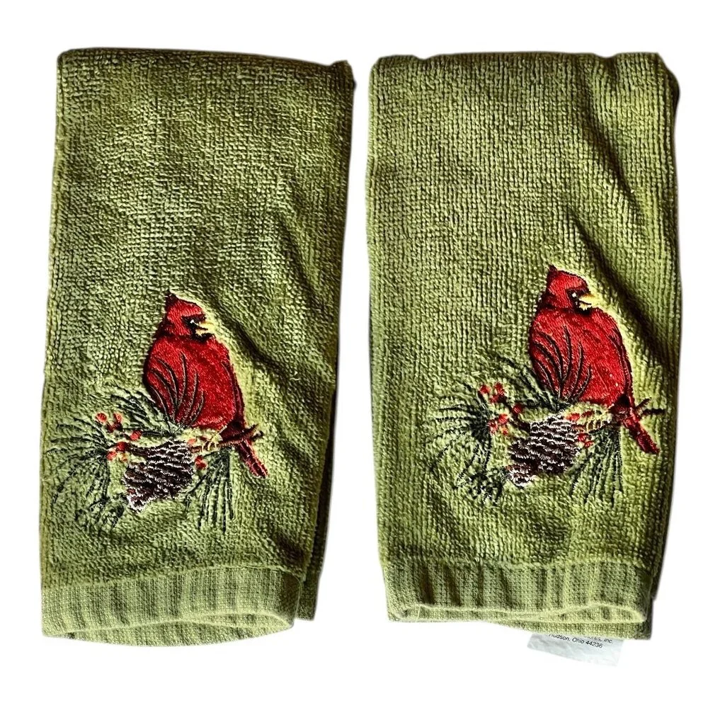 Set Of 2 Green Christmas Hand Towels Red Cardinal Embroidery 17